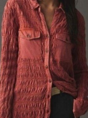 Anthropologie Pilcro Smocked Shacket Ruched Long Sleeve Button Front Tunic sz S